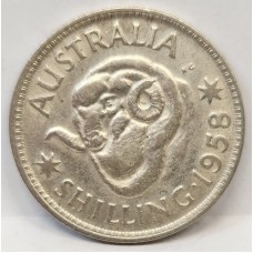 AUSTRALIA 1958 . ONE 1 SHILLING . VARIETY . DOTS IN HORN